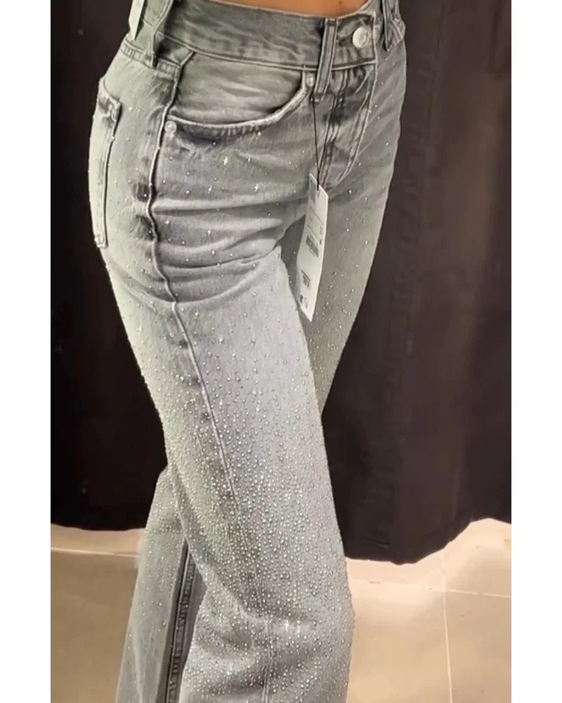 Women's casual slim beaded straight leg jeans